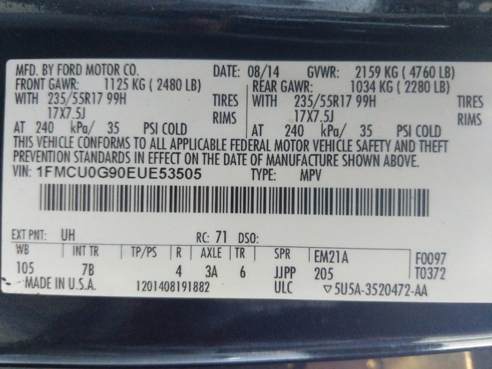 2014 Ford Escape - VIN Plate