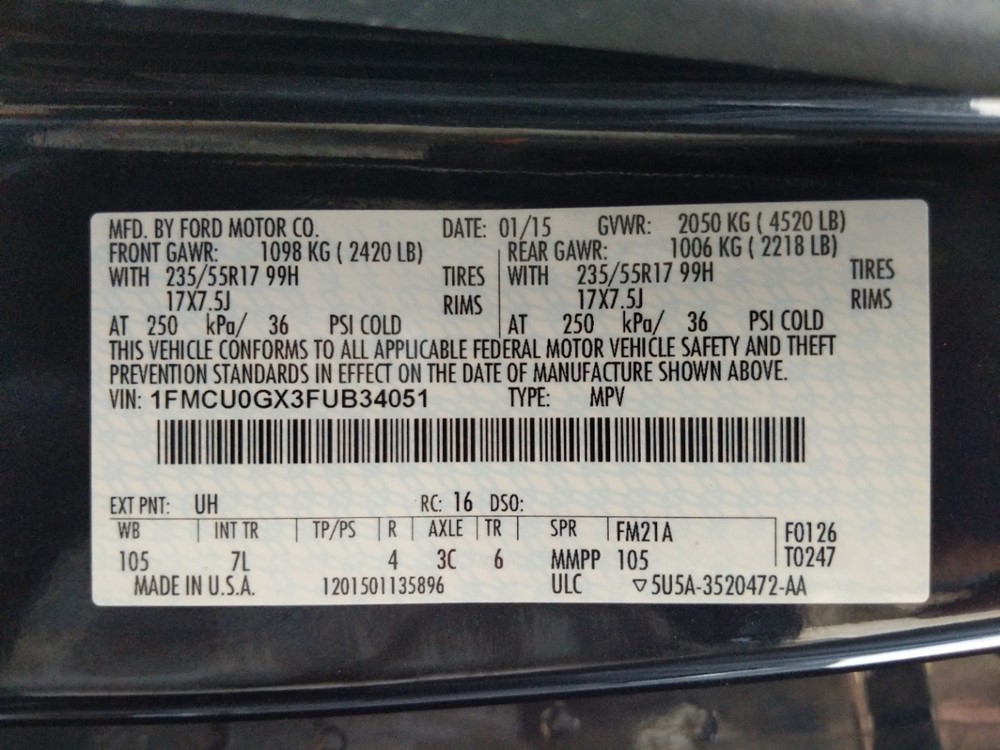2015 Ford Escape - VIN Plate