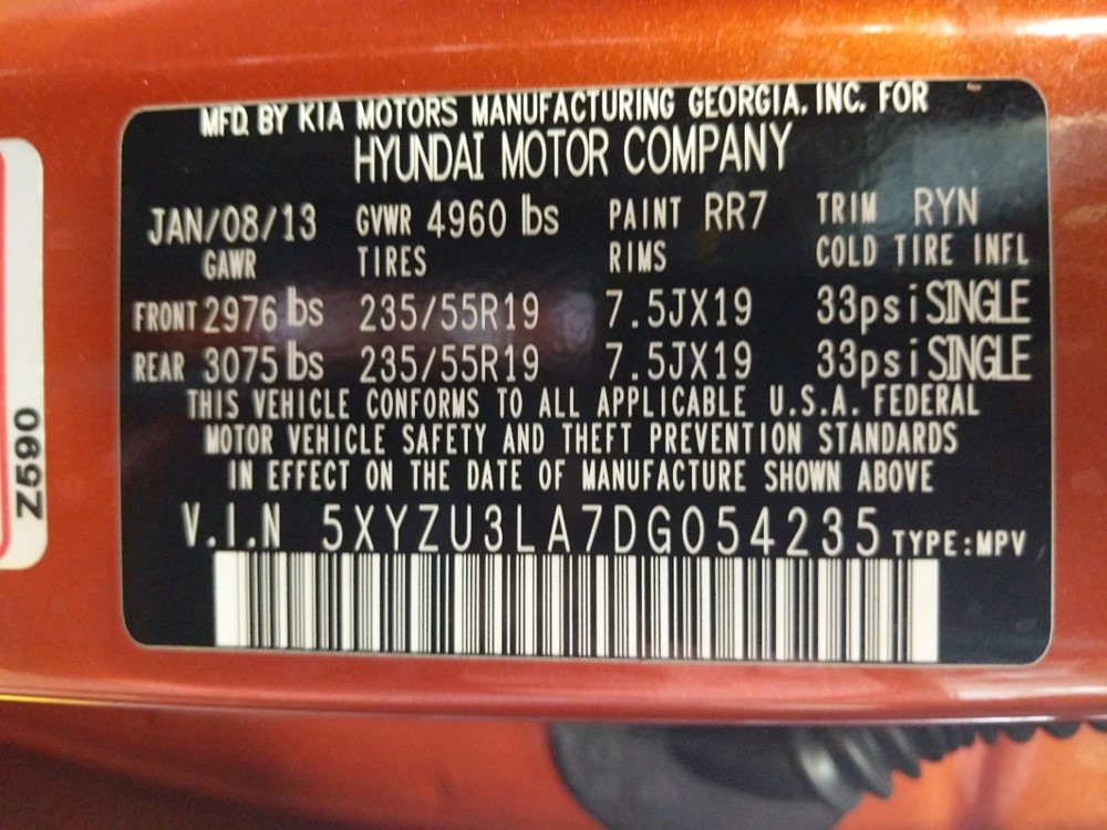 2013 Hyundai Santa Fe - VIN Plate
