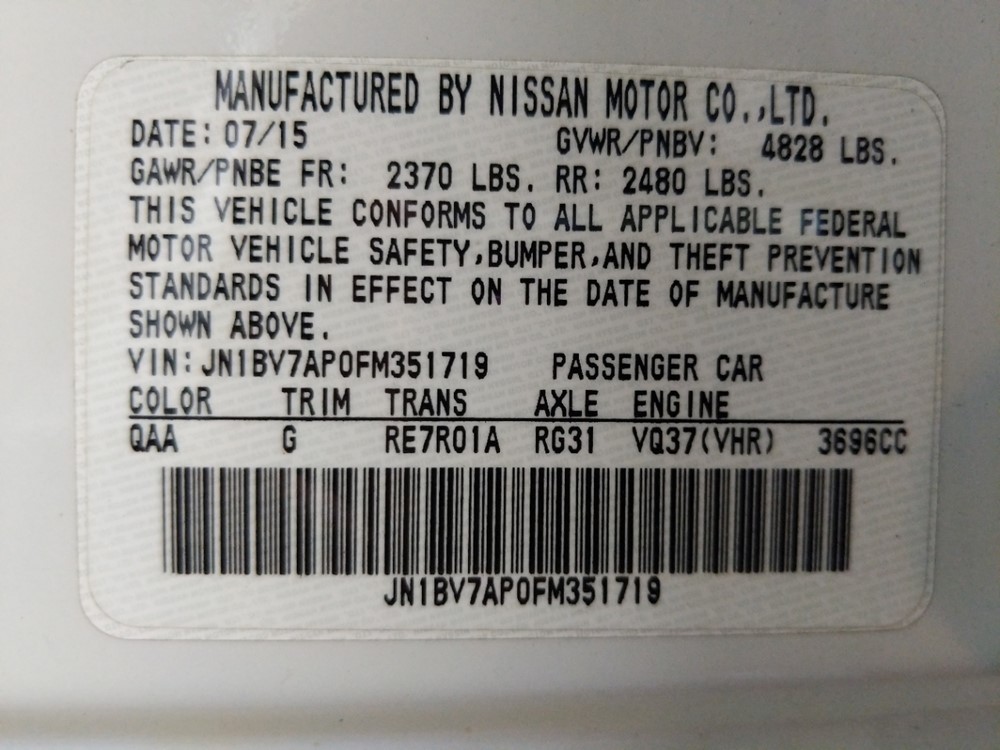 2015 INFINITI Q50 - VIN Plate