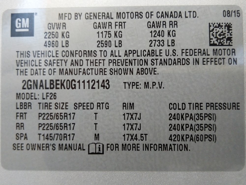 2016 Chevrolet Equinox - VIN Plate