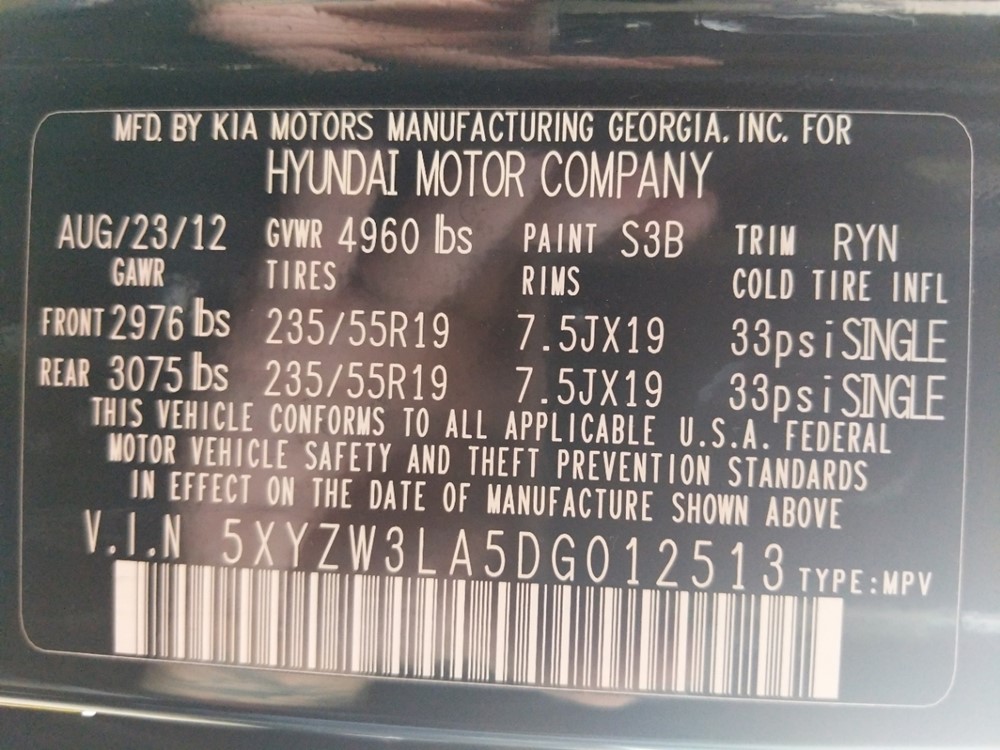 2013 Hyundai Santa Fe - VIN Plate