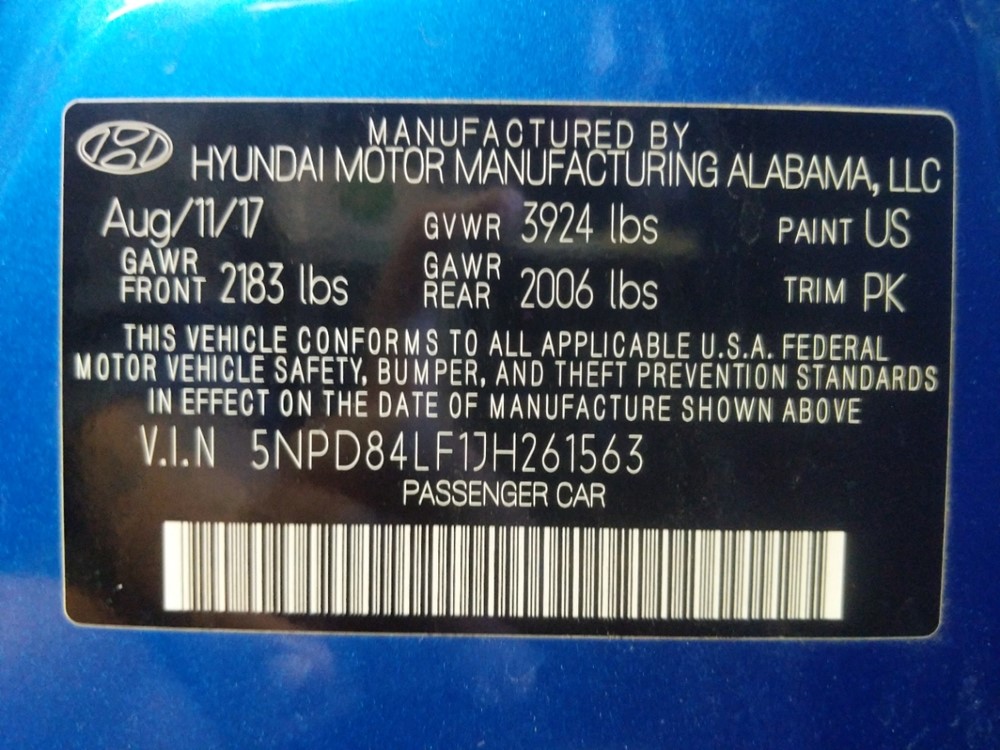 2018 Hyundai Elantra - VIN Plate