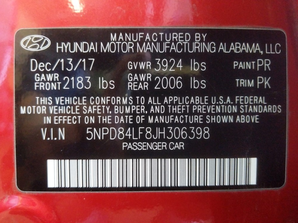 2018 Hyundai Elantra - VIN Plate