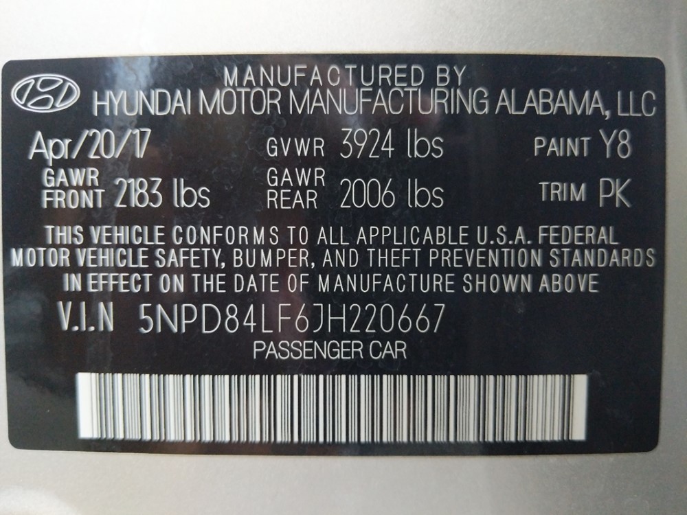 2018 Hyundai Elantra - VIN Plate