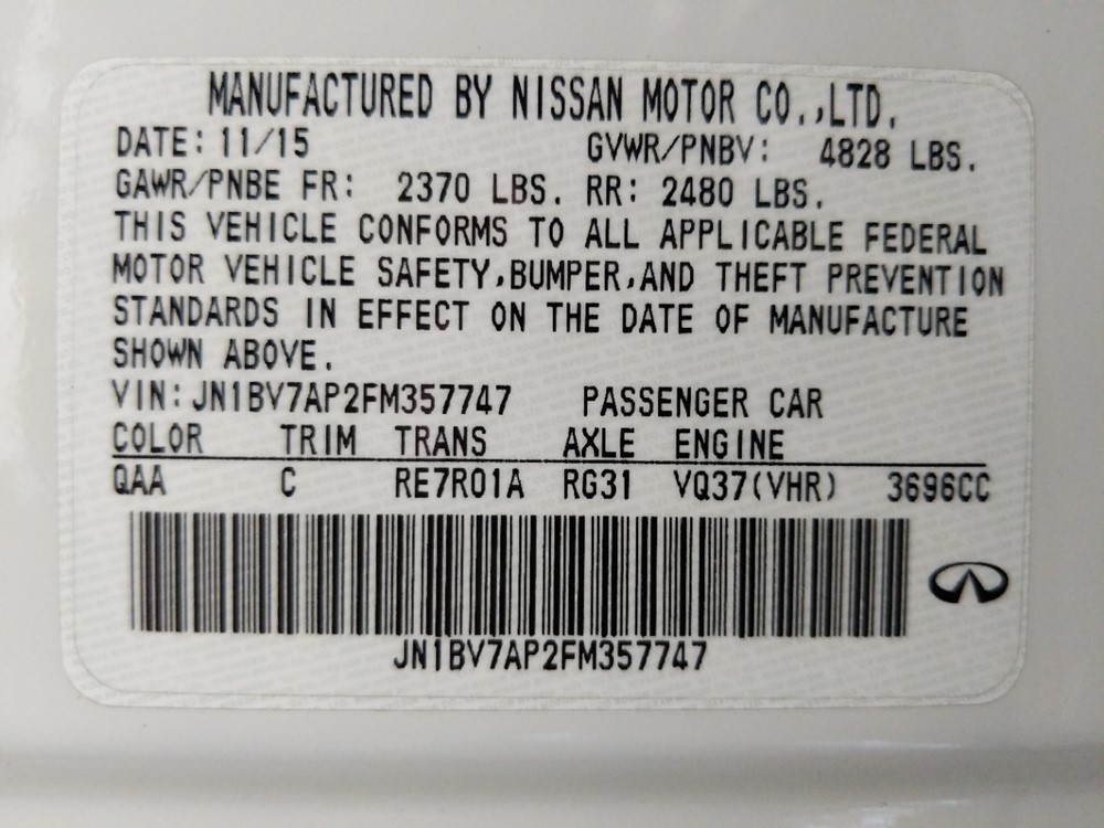 2015 INFINITI Q50 - VIN Plate