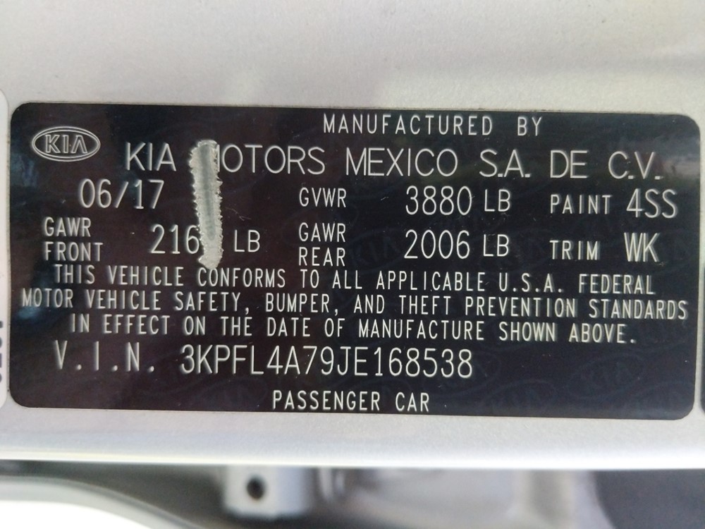 2018 Kia Forte - VIN Plate