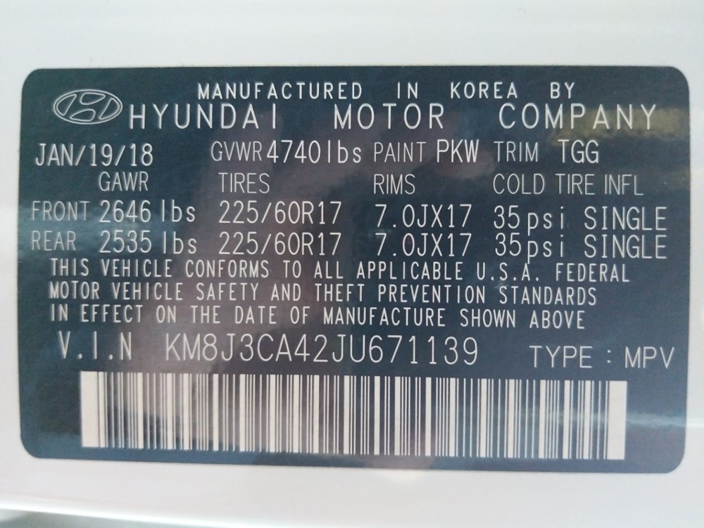 2018 Hyundai Tucson - VIN Plate