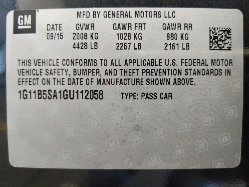 2016 Chevrolet Malibu - VIN Plate