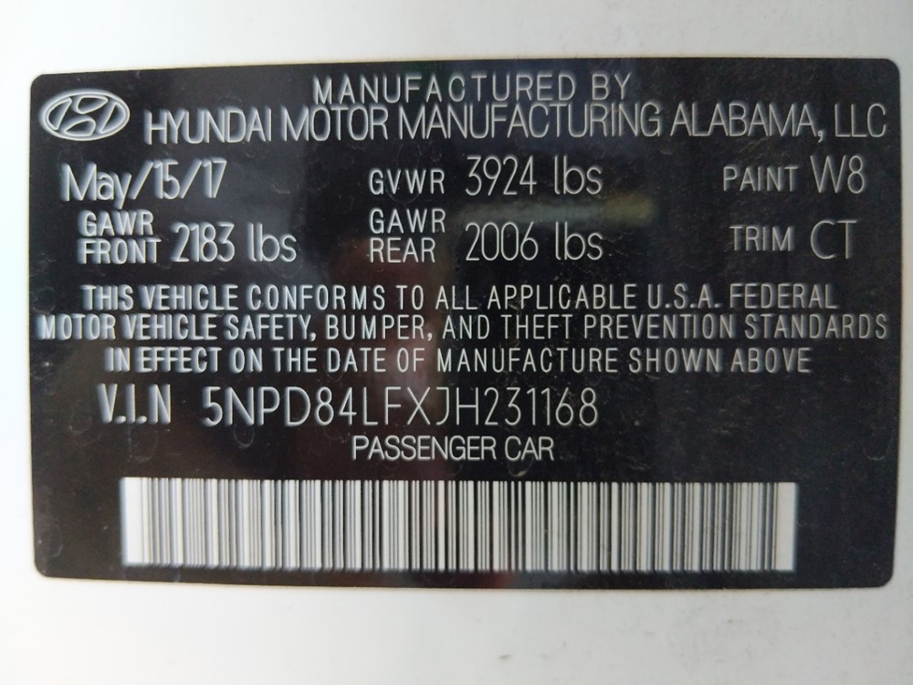 2018 Hyundai Elantra - VIN Plate