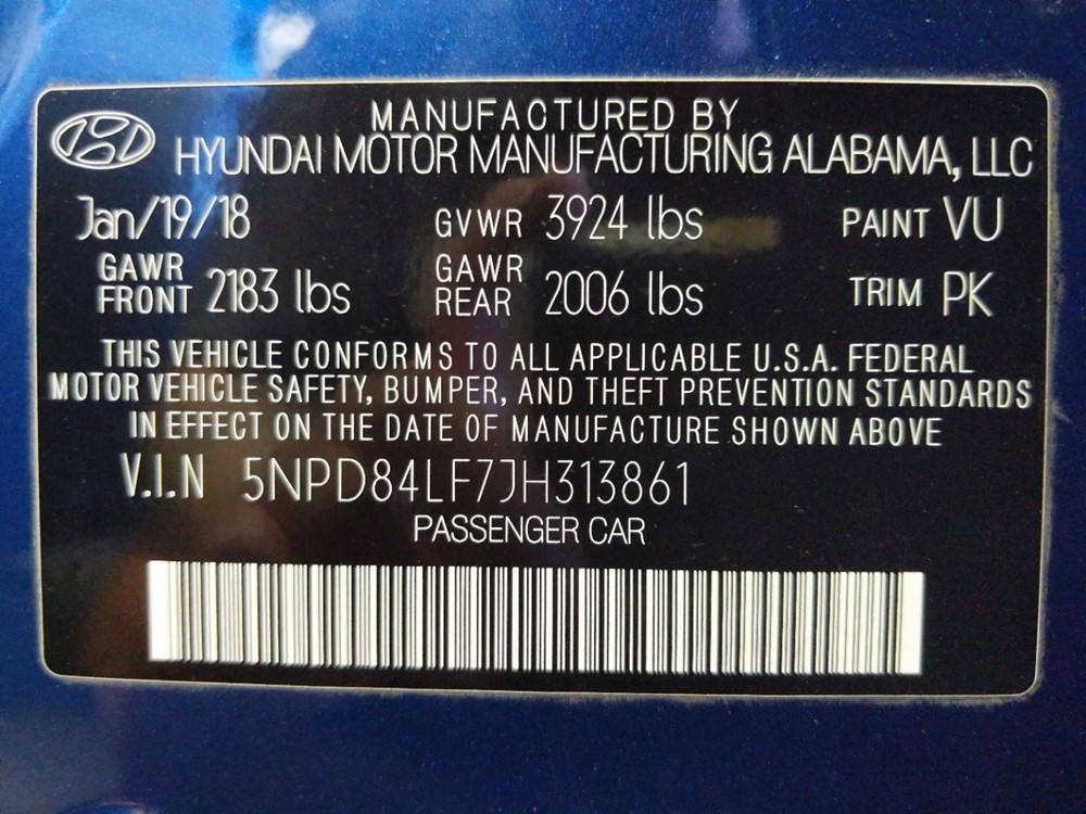 2018 Hyundai Elantra - VIN Plate