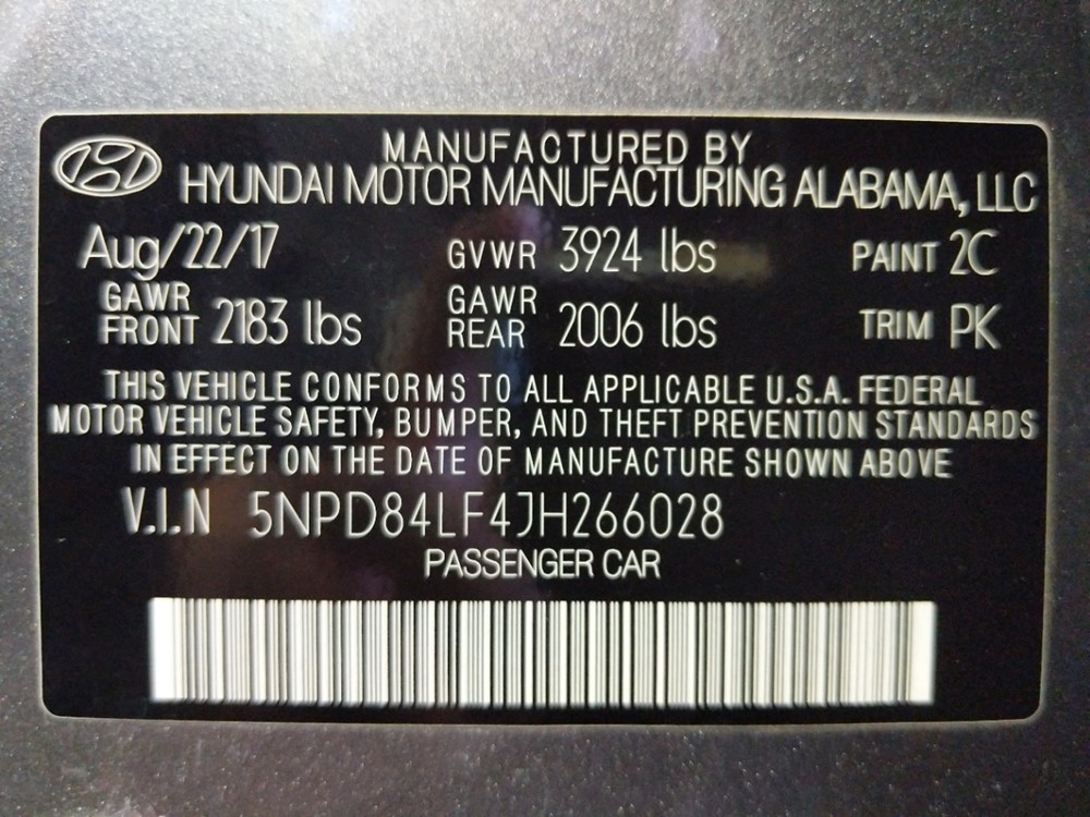 2018 Hyundai Elantra - VIN Plate