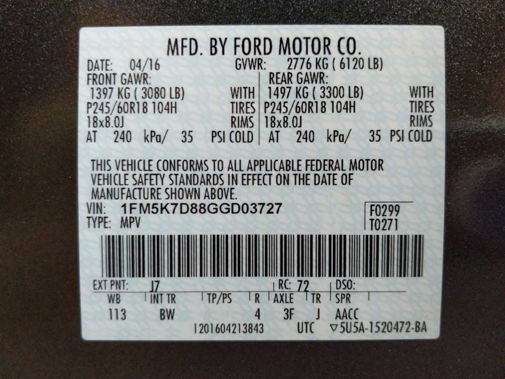 2016 Ford Explorer - VIN Plate