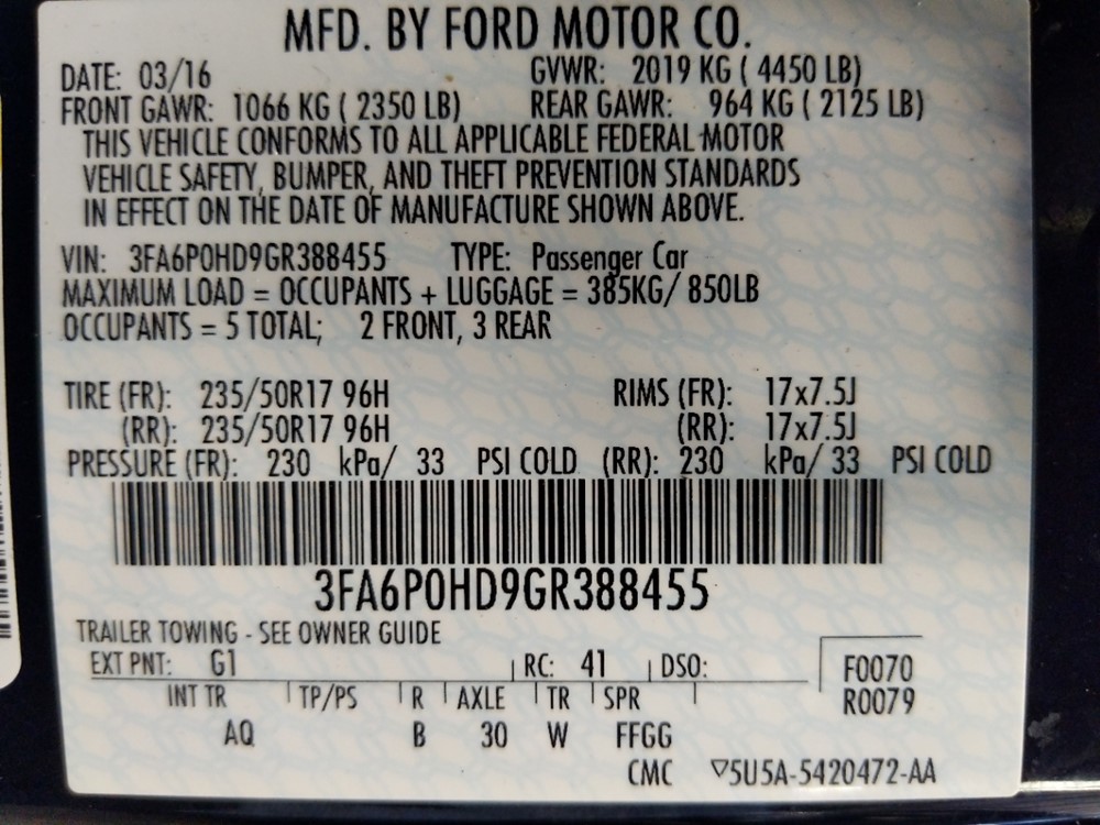 2016 Ford Fusion - VIN Plate