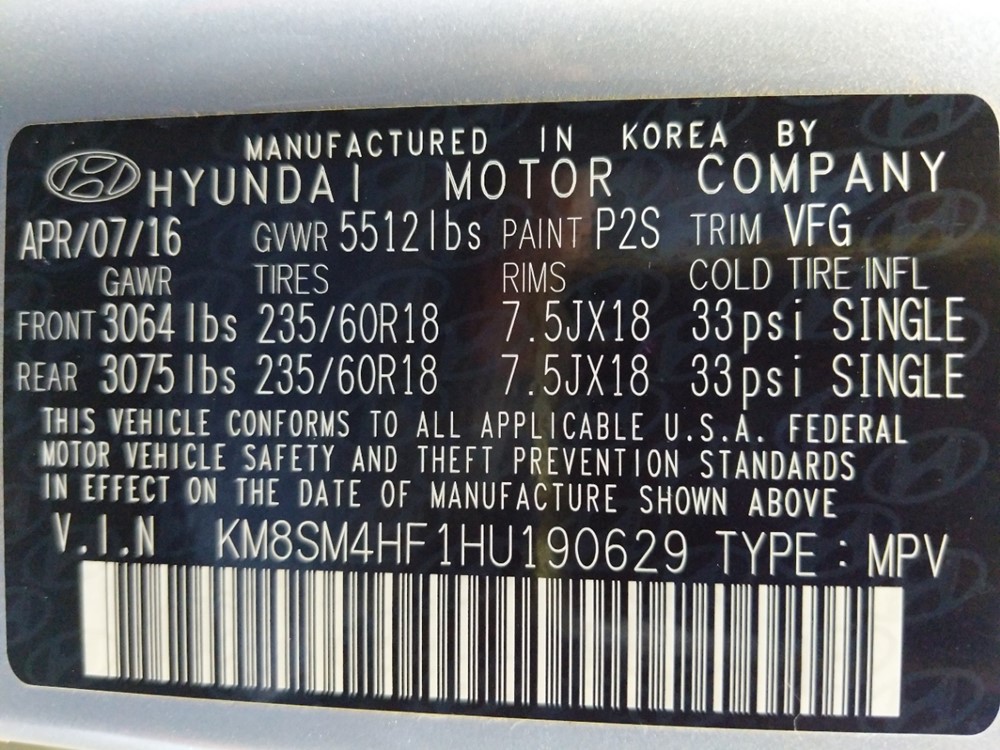2017 Hyundai Santa Fe - VIN Plate
