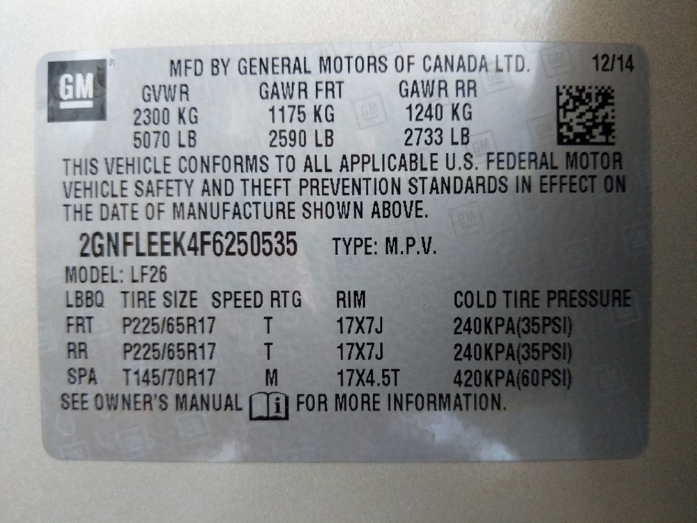 2015 Chevrolet Equinox - VIN Plate