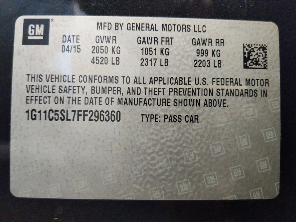 2015 Chevrolet Malibu - VIN Plate