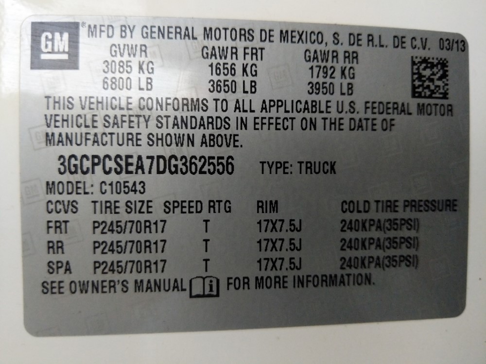 2013 Chevrolet Silverado 1500 - VIN Plate