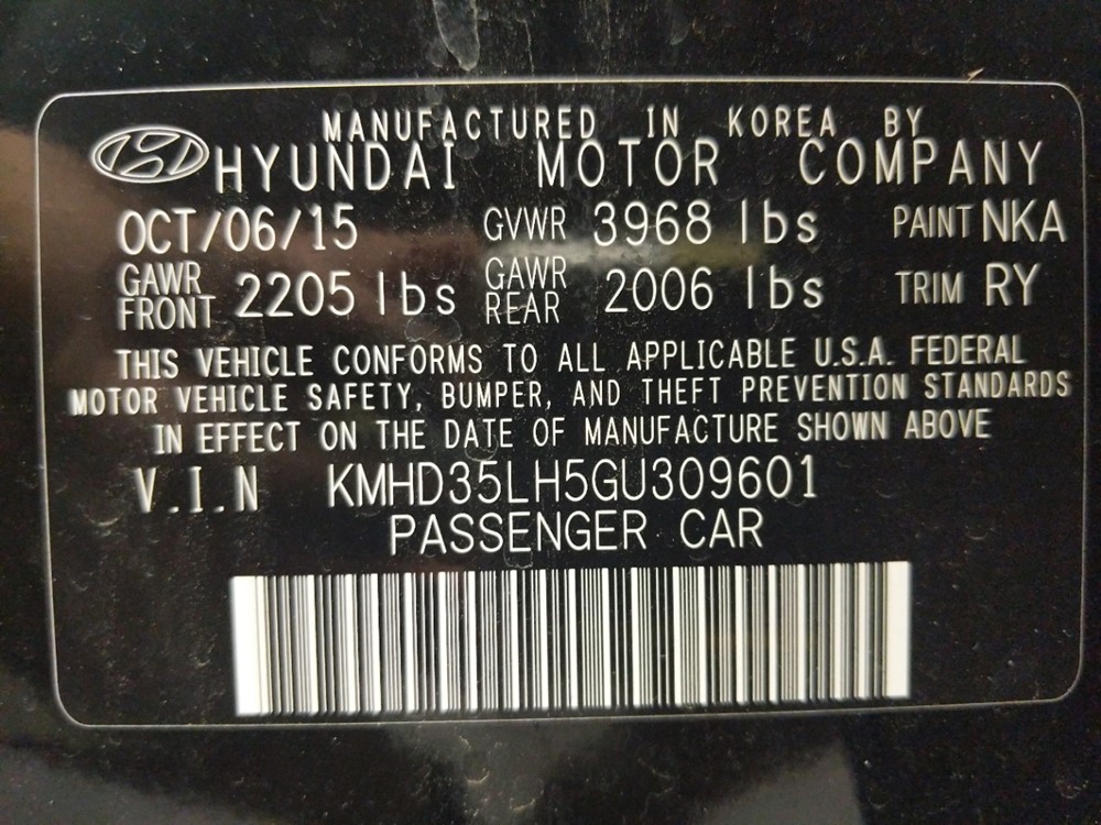 2016 Hyundai Elantra - VIN Plate