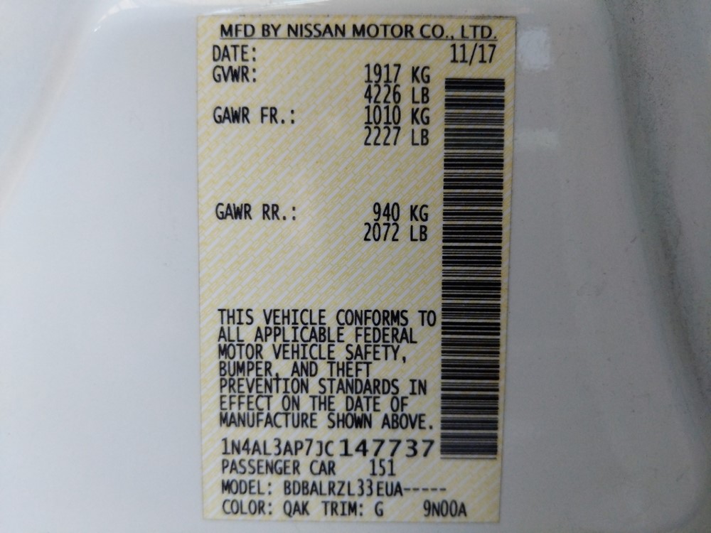 2018 Nissan Altima - VIN Plate