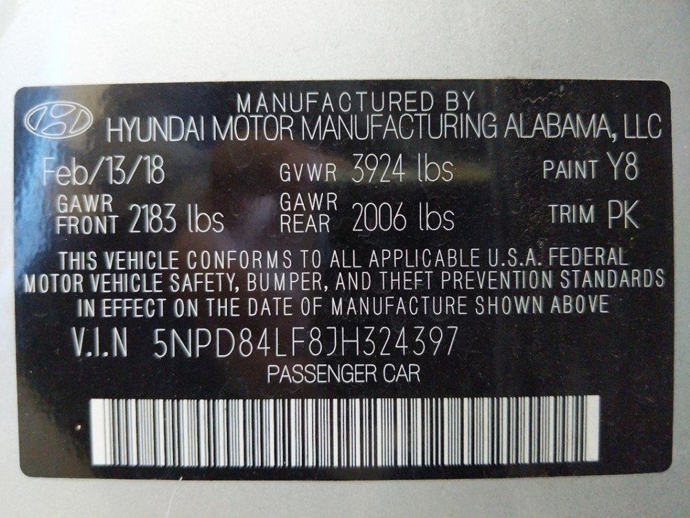 2018 Hyundai Elantra - VIN Plate