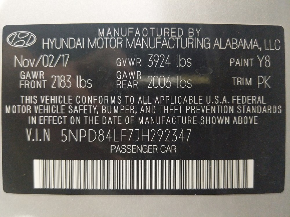 2018 Hyundai Elantra - VIN Plate