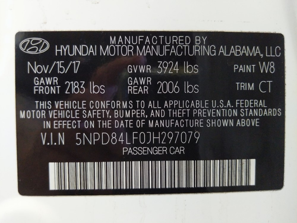 2018 Hyundai Elantra - VIN Plate