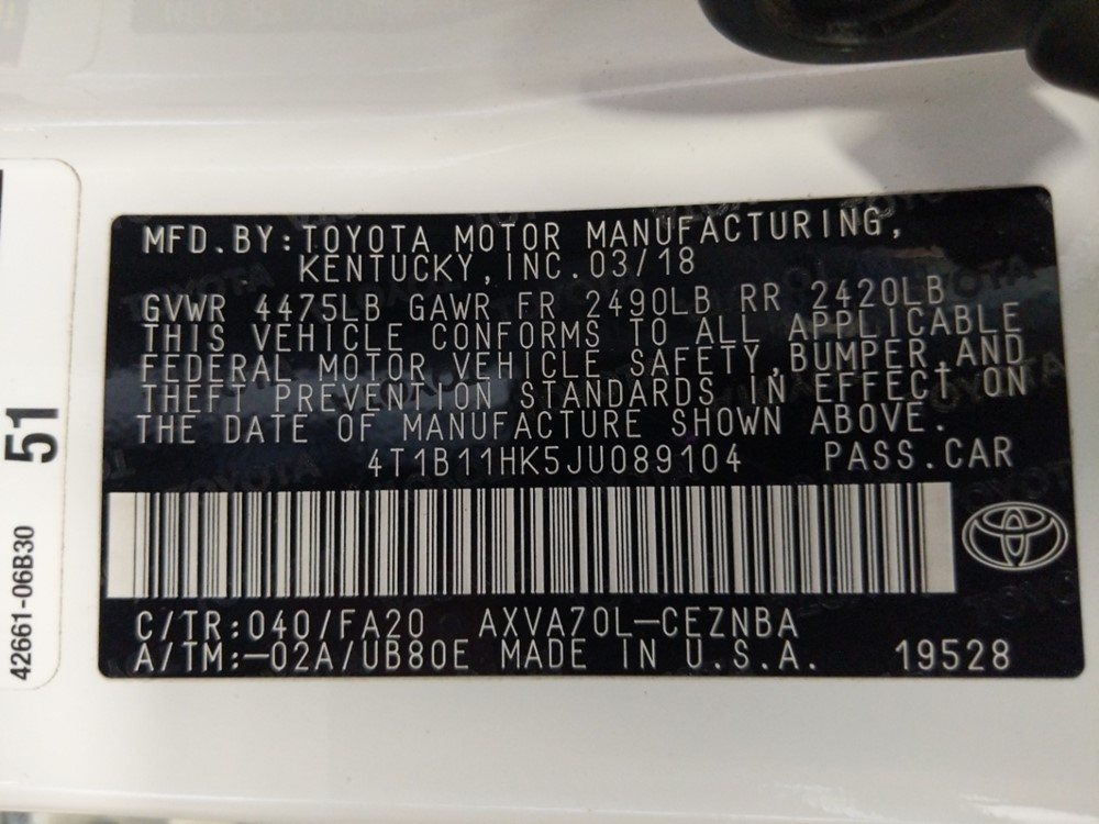 2018 Toyota Camry - VIN Plate