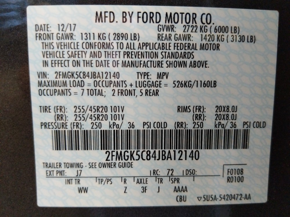2018 Ford Flex - VIN Plate