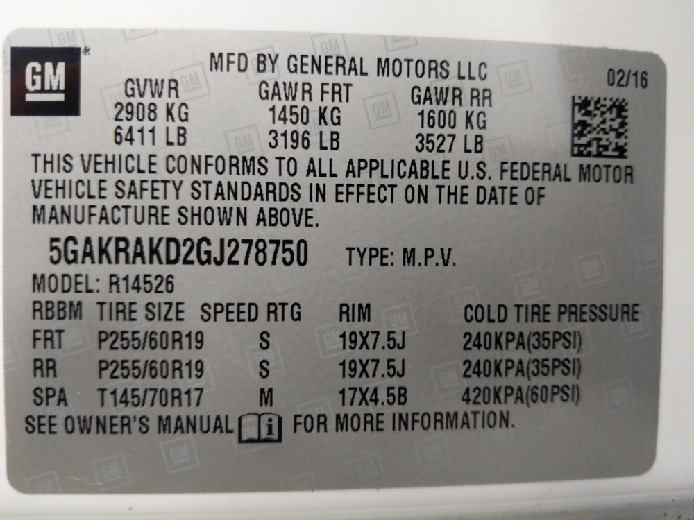 2016 Buick Enclave - VIN Plate