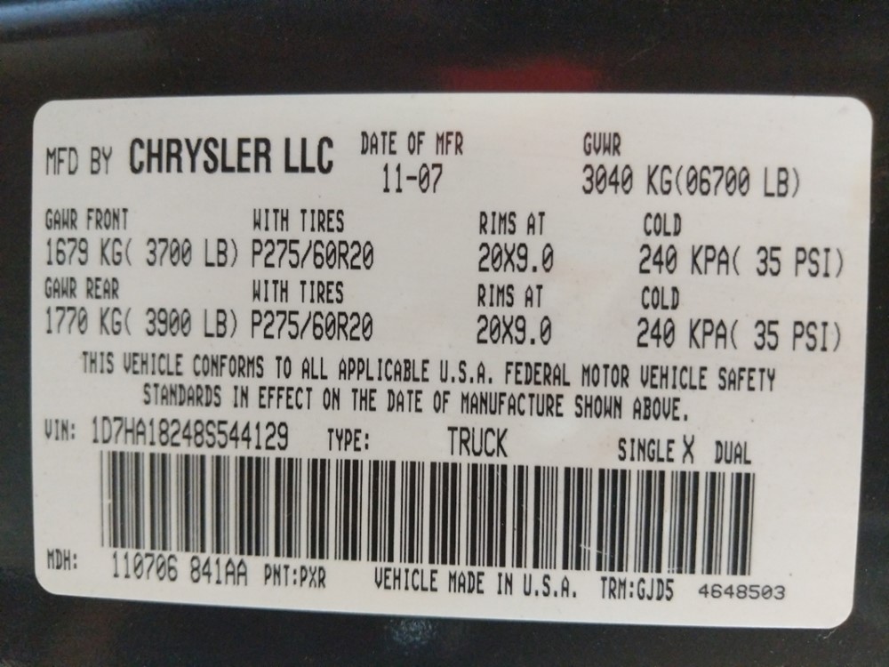 2008 Dodge Ram 1500 - VIN Plate