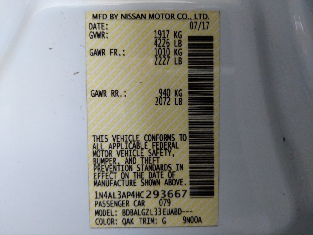 2017 Nissan Altima - VIN Plate