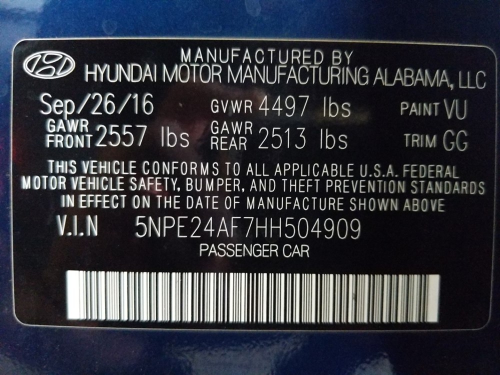 2017 Hyundai Sonata - VIN Plate