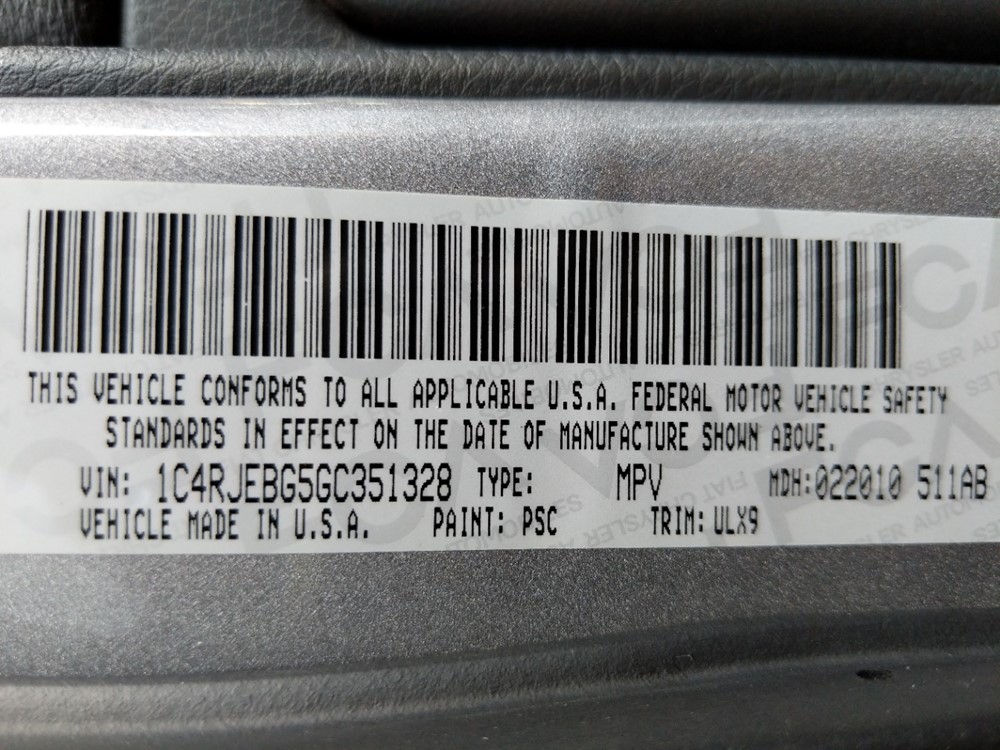 2016 Jeep Grand Cherokee - VIN Plate