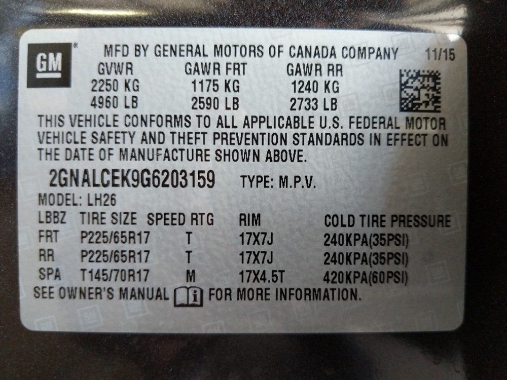 2016 Chevrolet Equinox - VIN Plate
