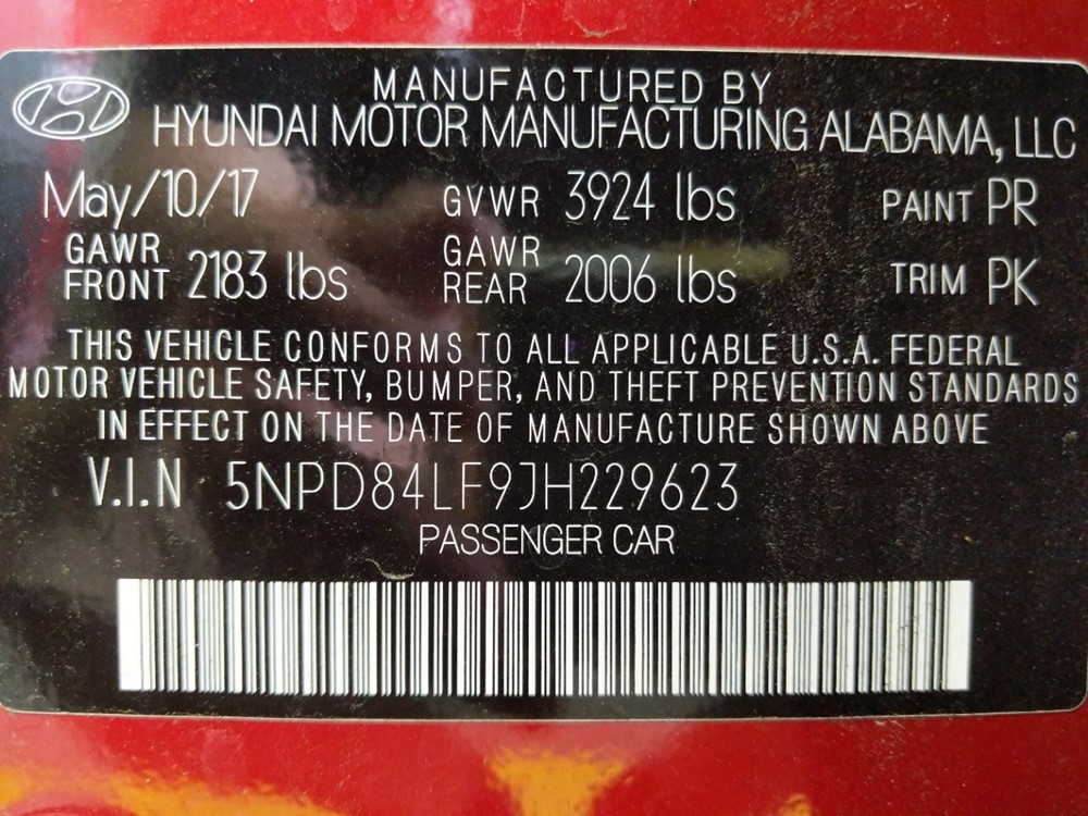 2018 Hyundai Elantra - VIN Plate