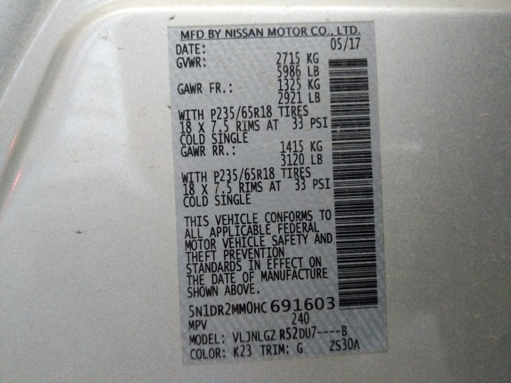 2017 Nissan Pathfinder - VIN Plate