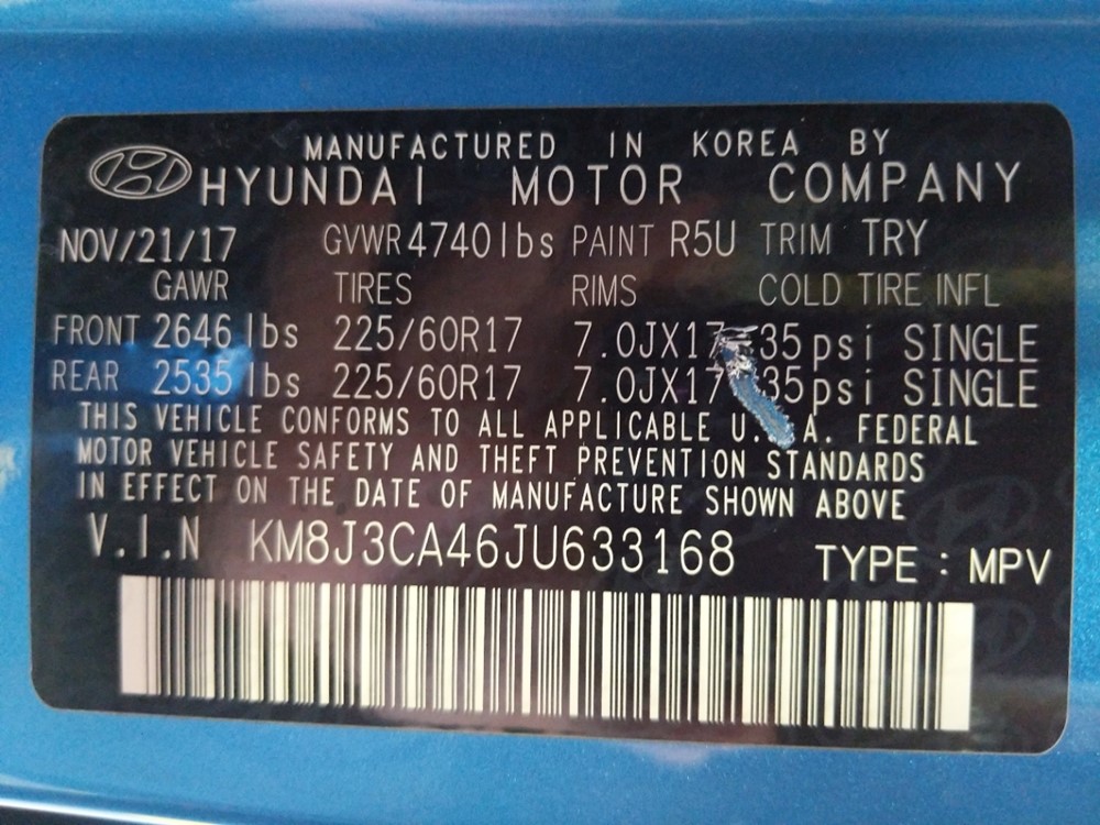 2018 Hyundai Tucson - VIN Plate