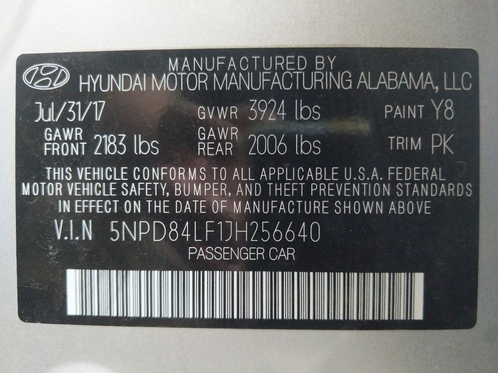 2018 Hyundai Elantra - VIN Plate
