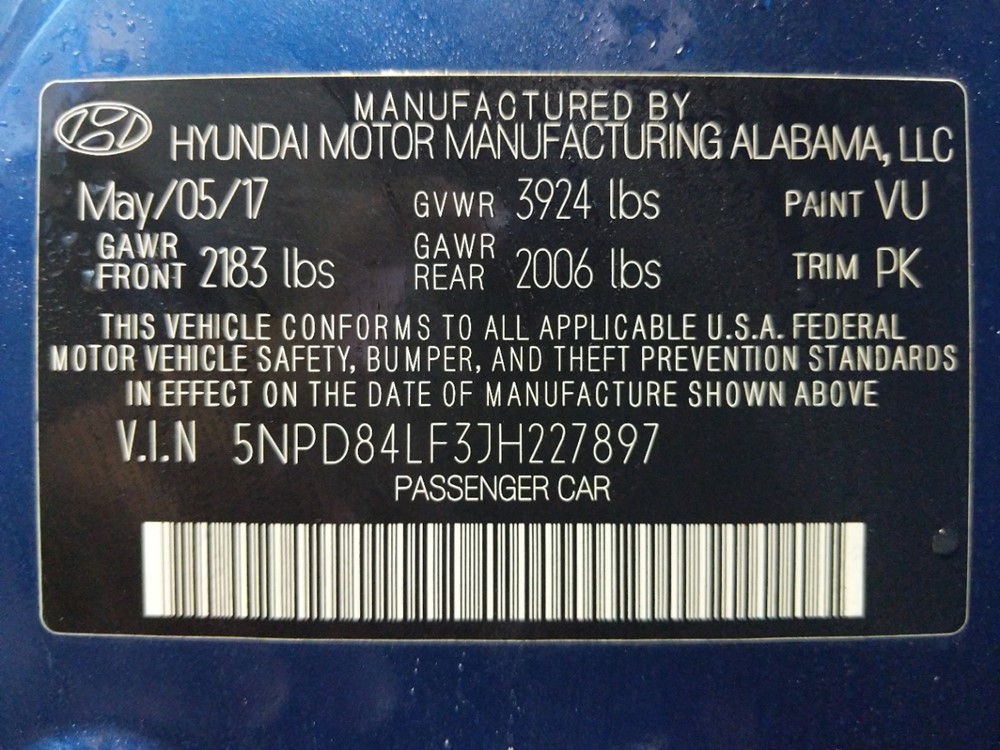 2018 Hyundai Elantra - VIN Plate