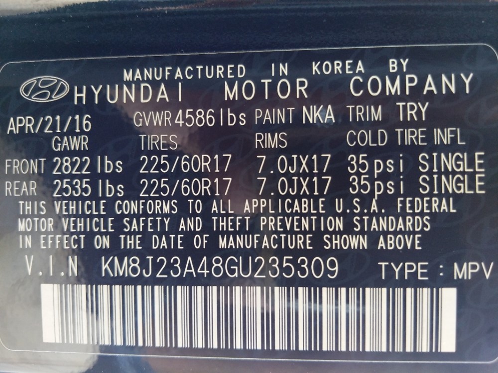 2016 Hyundai Tucson - VIN Plate