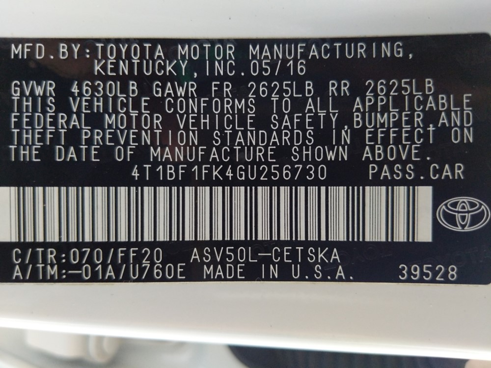 2016 Toyota Camry - VIN Plate
