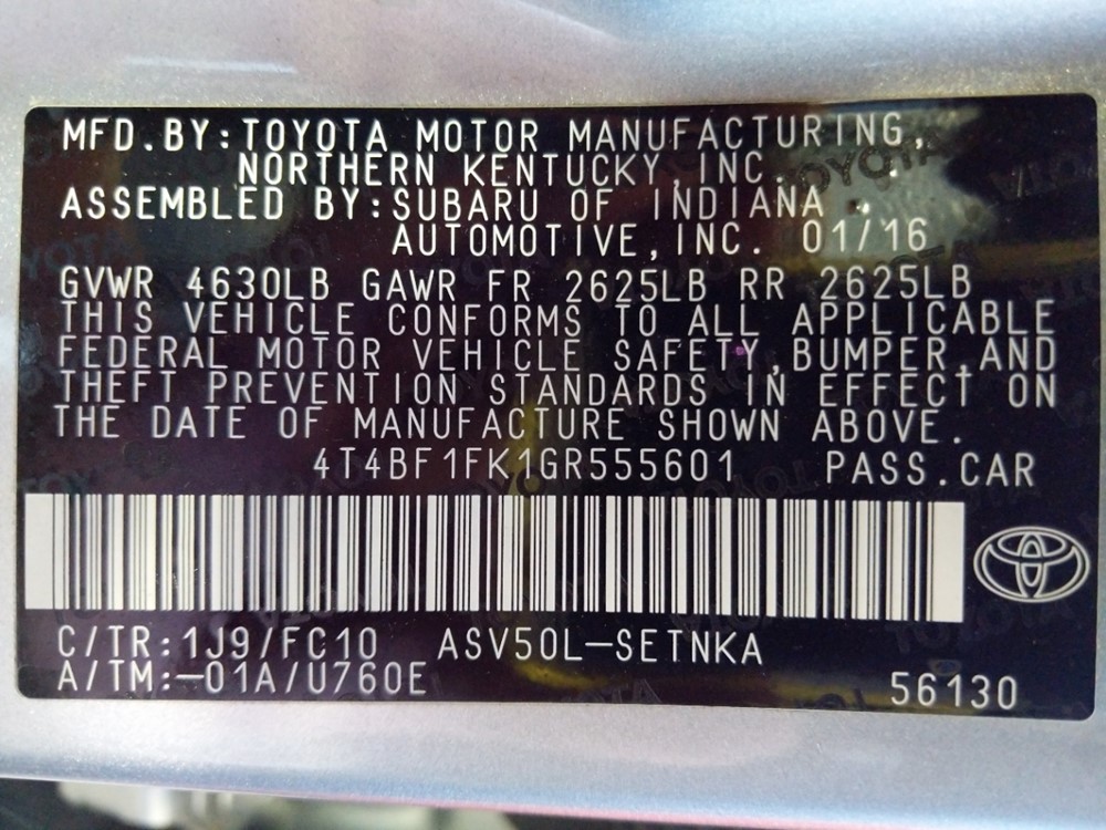2016 Toyota Camry - VIN Plate