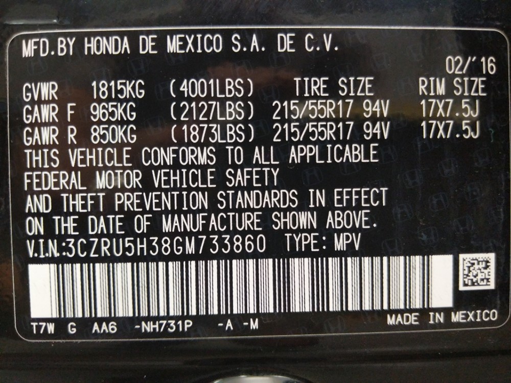 2016 Honda HR-V - VIN Plate