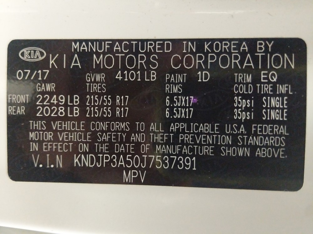 2018 Kia Soul - VIN Plate