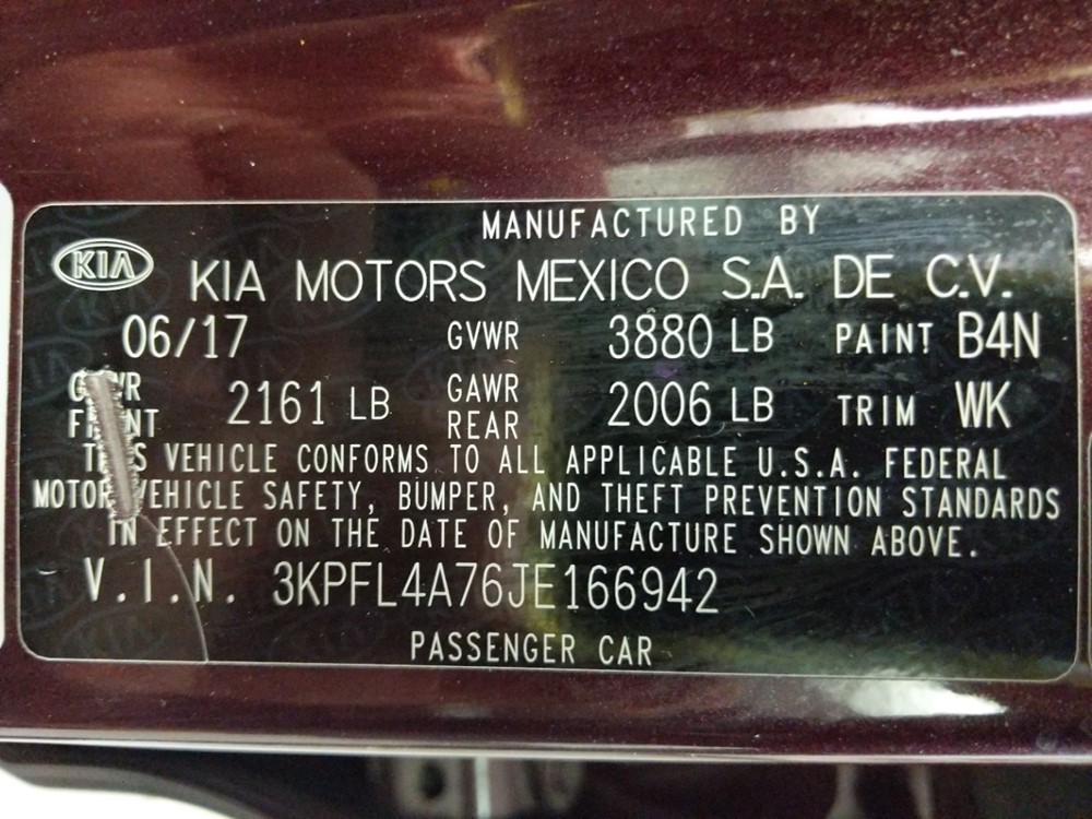 2018 Kia Forte - VIN Plate