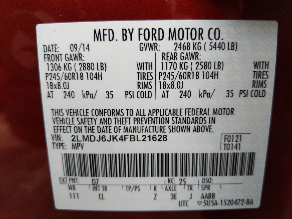 2015 Lincoln MKX - VIN Plate
