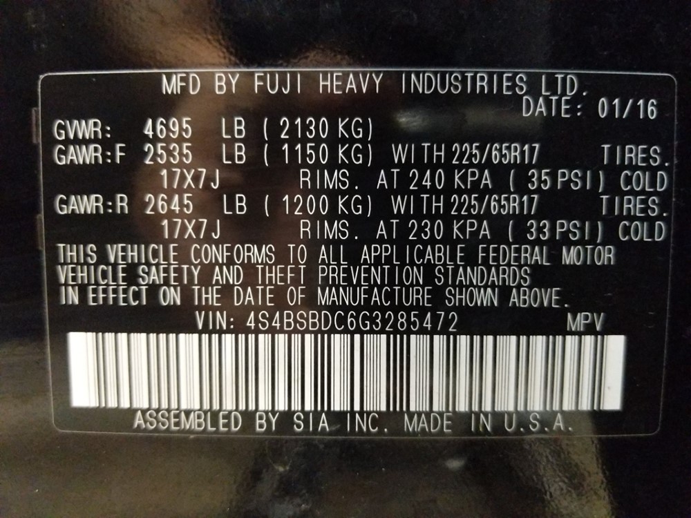 2016 Subaru Outback - VIN Plate
