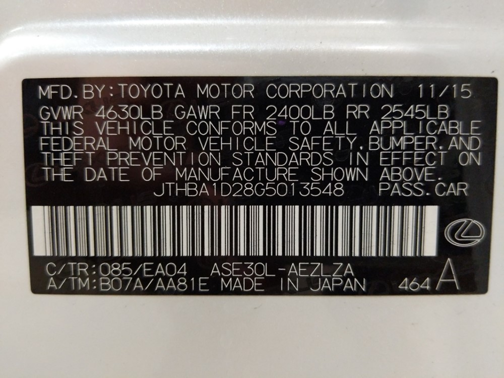 2016 Lexus IS 200t - VIN Plate