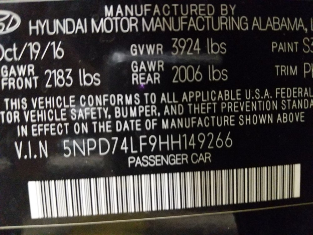 2017 Hyundai Elantra - VIN Plate